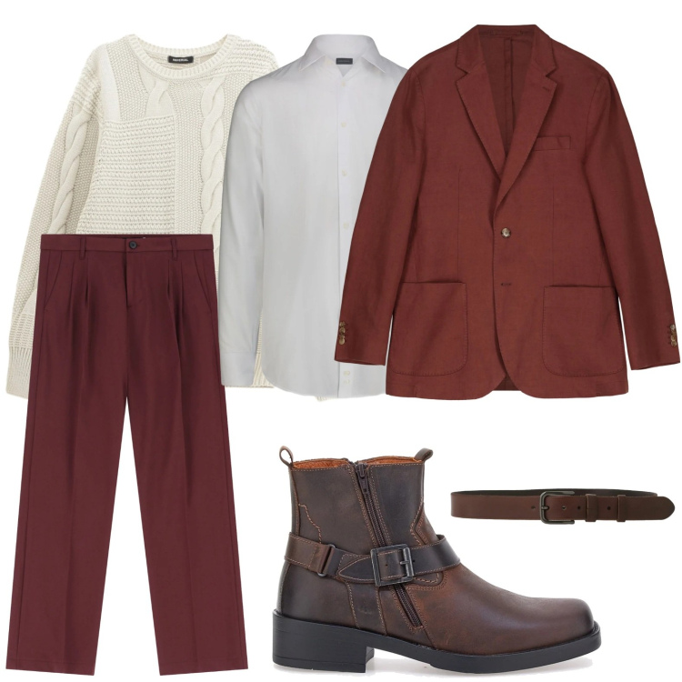 Outfit uomo - Multistrati. Stile Casual per Ufficio. Abbinamento con pantaloni, maglieria, cinture, giacche, camicie, stivali e stivaletti.