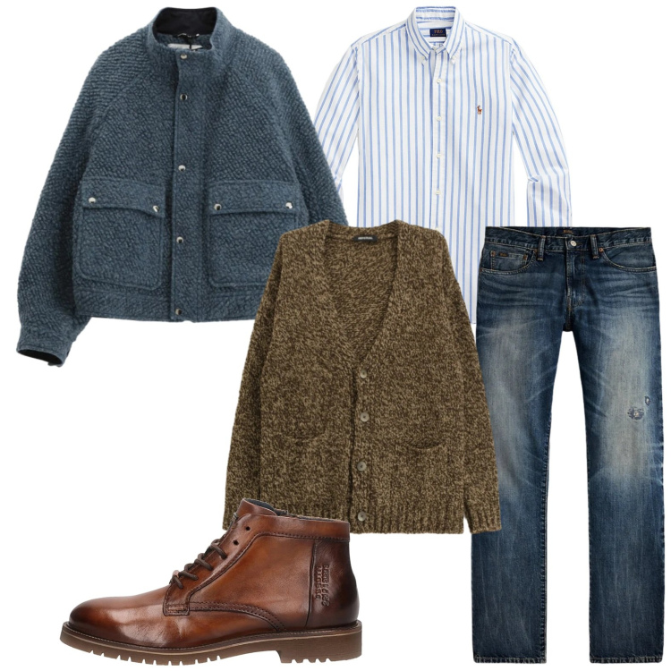 Outfit uomo - Un bomber di classe. Stile Casual per Ufficio. Abbinamento con cardigans, bomber, jeans dritti, camicie, stivali e stivaletti.