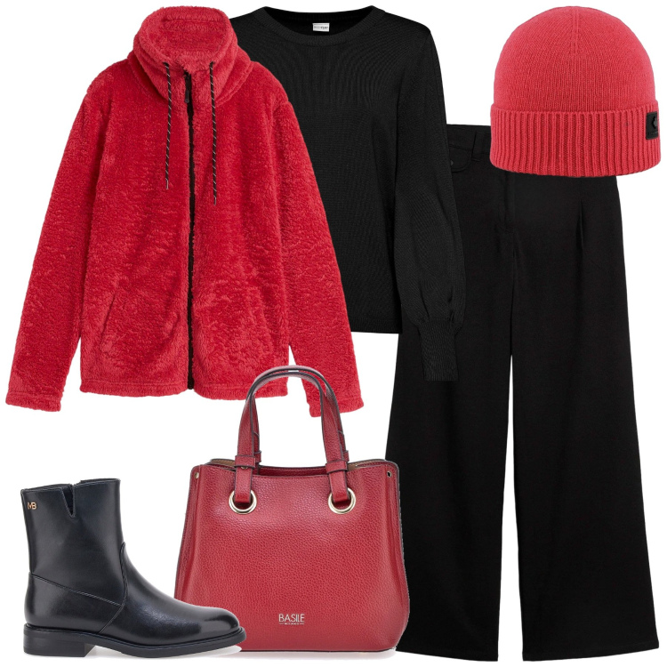 Outfit donna - Qualcosa di rosso. Stile Casual chic per Tutti i giorni. Abbinamento con blazer, maglieria, pantaloni, berretti, stivaletti, borse a mano.