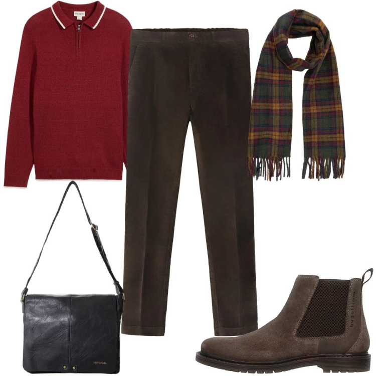 Outfit uomo - Il maglione delle feste è rosso. Stile Trendy per Tutti i giorni. Abbinamento con maglieria, borse sportive, sciarpe, stivali e stivaletti, pantaloni.