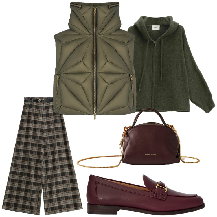 Outfit donna - Velvet Green. Stile Minimal per Tutti i giorni. Abbinamento con pantaloni a palazzo, borse a mano, cardigans, mocassini, piumini.