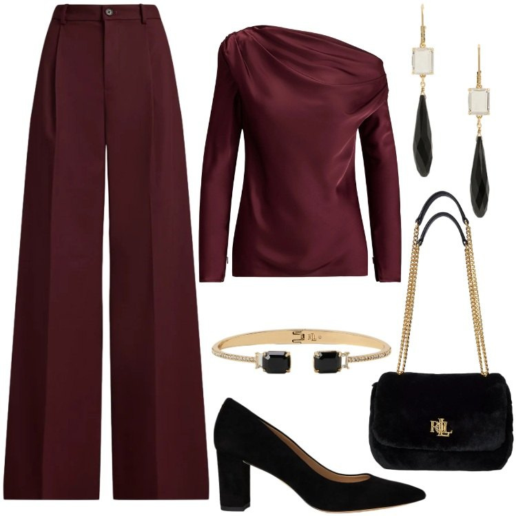 Outfit donna - Total Look Ralph Lauren. Stile Chic per Serata fuori. Abbinamento con décolleté, borse a spalla, bluse, pantaloni, orecchini, braccialetti.