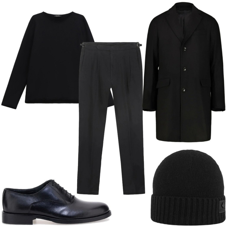 Outfit uomo - Elegante in total black. Stile Business/Elegante per Tutti i giorni. Abbinamento con felpe, berretti, cappotti, scarpe stringate, pantaloni.