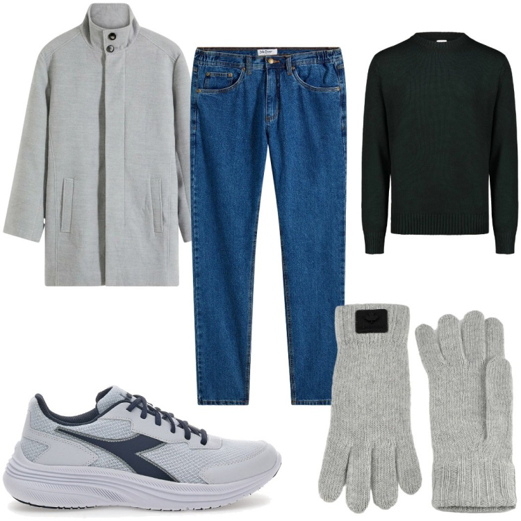 Outfit uomo - Giornata di shopping in jeans. Stile Casual per Tutti i giorni. Abbinamento con jeans dritti, cappotti, guanti, sneakers, maglieria.