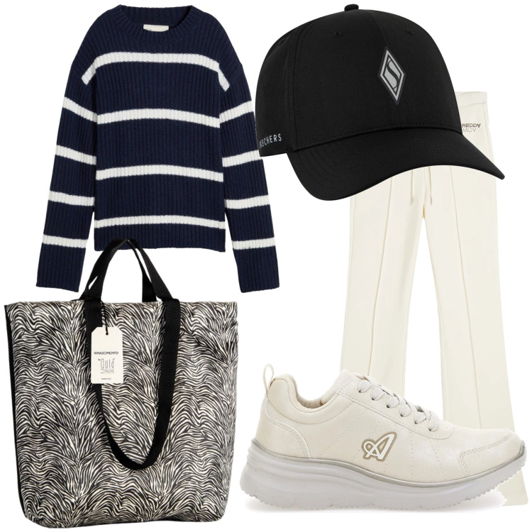 Outfit donna - Questo weekend al mare. Stile Casual chic per Tutti i giorni. Abbinamento con maglieria, borse tote, pantaloni, cappelli con visiera, sneakers.