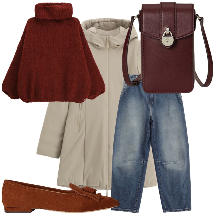 Outfit donna - Con amici al bar. Stile Sporty chic per Tutti i giorni. Abbinamento con parka, maglieria, jeans, borse a tracolla, ballerine.