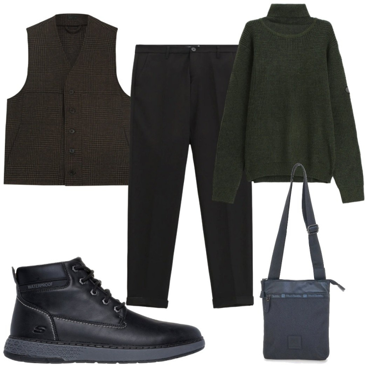 Outfit uomo - Total look #2300599. Stile Trendy per Tutti i giorni. Abbinamento con pantaloni, maglieria, portafogli, stivali e stivaletti, gilet.