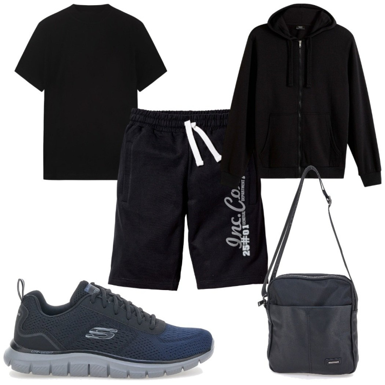 Outfit uomo - Total look #2300600. Stile Trendy per Sport. Abbinamento con felpe con cappuccio, bermuda, borse sportive, t-shirt, sneakers.