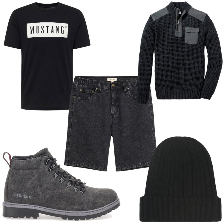 Outfit uomo - Total look #2300601. Stile Trendy per Tutti i giorni. Abbinamento con maglieria, t-shirt, bermuda, berretti, anfibi.