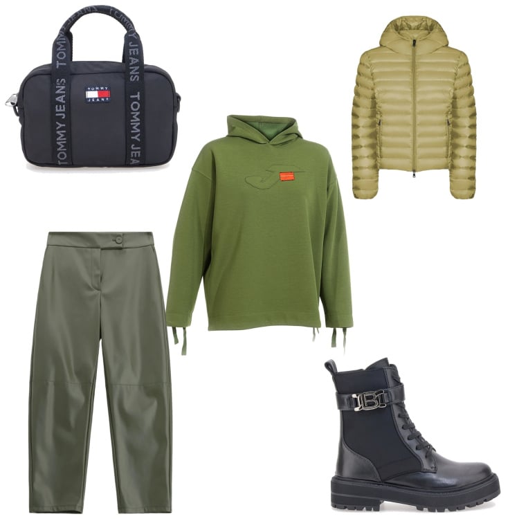 Outfit donna - Green love. Abbinamento con pantaloni, bomber, felpe con cappuccio, anfibi, borse a tracolla.