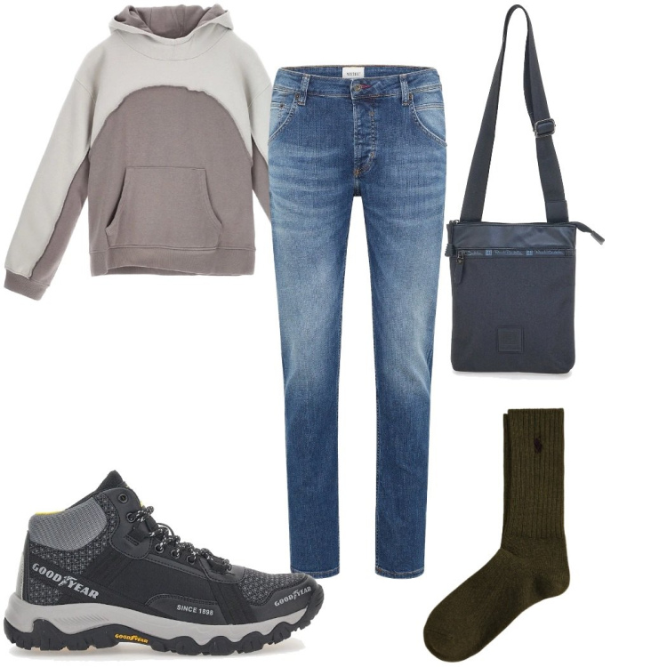 Outfit uomo - Total look #2300614. Stile Trendy per Tutti i giorni. Abbinamento con jeans dritti, calzini, portafogli, stivali e stivaletti, felpe con cappuccio.