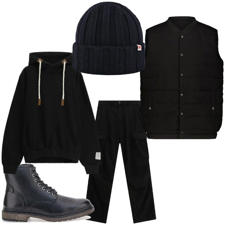 Outfit uomo - Nero casual. Stile Casual per Tutti i giorni. Abbinamento con pantaloni cargo, felpe con cappuccio, berretti, anfibi, piumini.