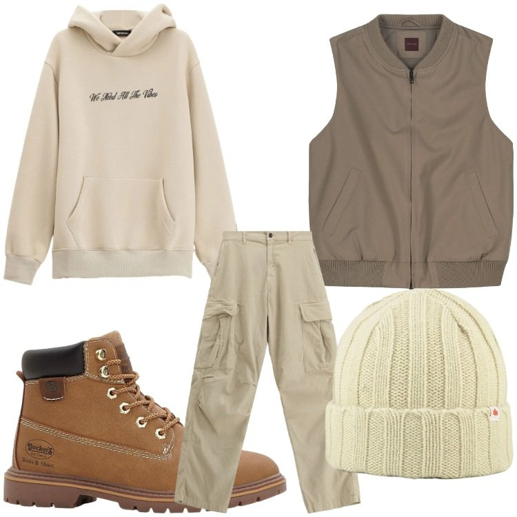 Outfit uomo - Casual beige. Stile Casual per Tutti i giorni. Abbinamento con stivali e stivaletti, pantaloni cargo, felpe con cappuccio, berretti, piumini.