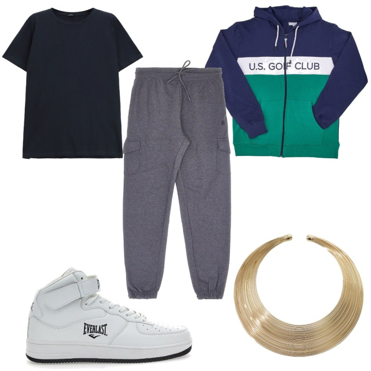 Outfit uomo - Total look #2300621. Stile Urban per Tutti i giorni. Abbinamento con t-shirt, collane, sneakers, felpe con cappuccio, pantaloni cargo.