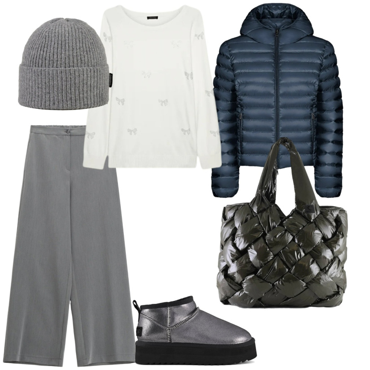 Outfit donna - Urban style. per Tutti i giorni. Abbinamento con pantaloni a palazzo, bomber, borse tote, berretti, maglieria, stivaletti.
