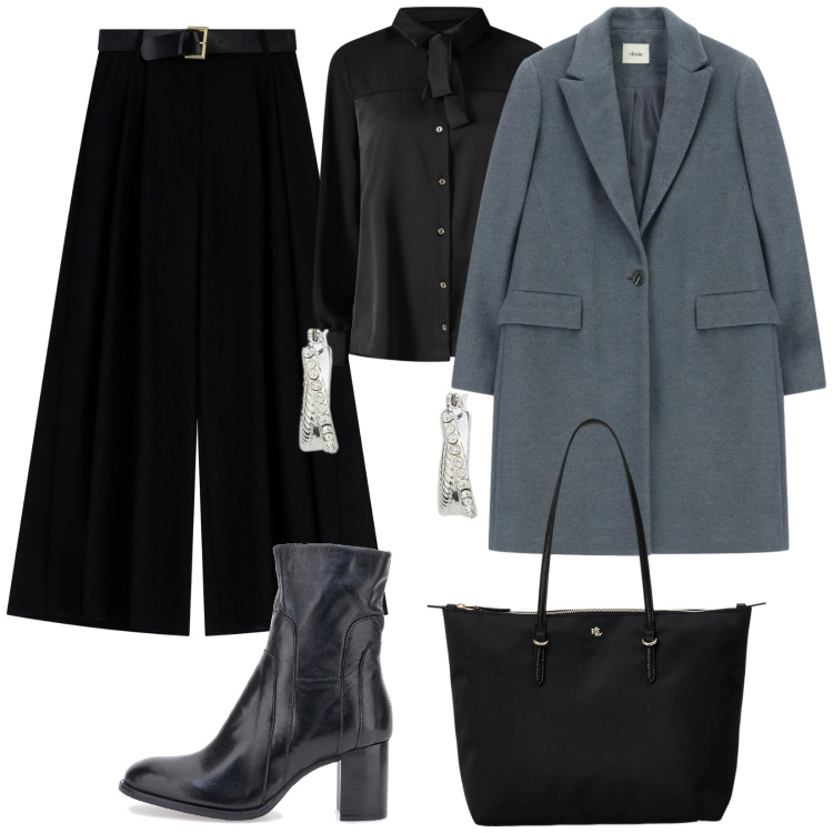 Outfit donna - In ufficio. Stile Chic per Ufficio. Abbinamento con camicie, pantaloni a palazzo, cappotti, orecchini, borse tote, stivaletti.