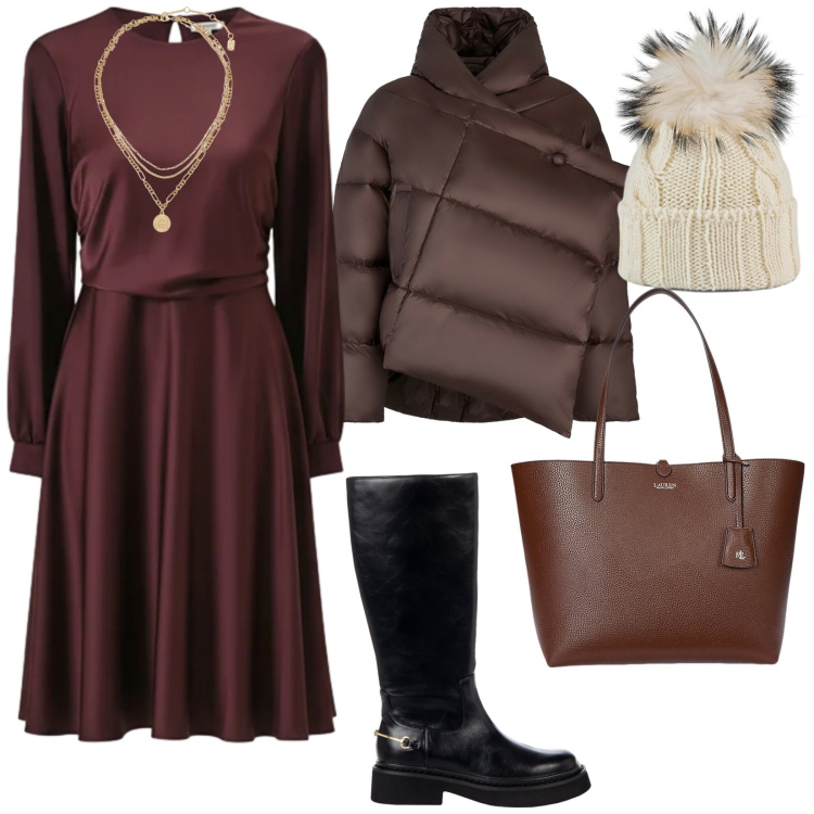 Outfit donna - Sabato sera. per Serata fuori. Abbinamento con vestiti midi/longuette, stivali sopra il ginocchio, borse tote, ciondoli, berretti, blazer.