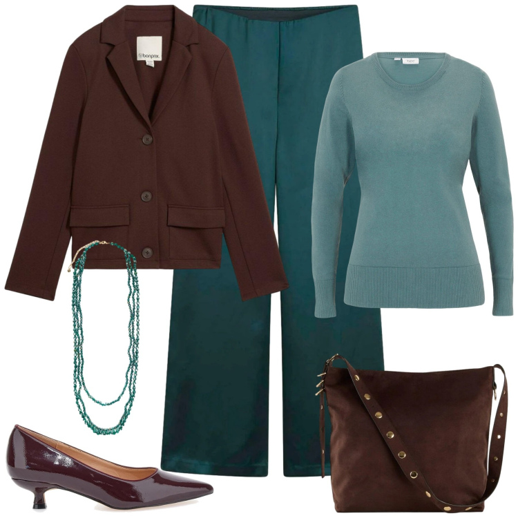 Outfit donna - Velvet green. Stile Glamour per Serata fuori. Abbinamento con pantaloni a palazzo, maglieria, shopping bag, blazer, décolleté, collane.