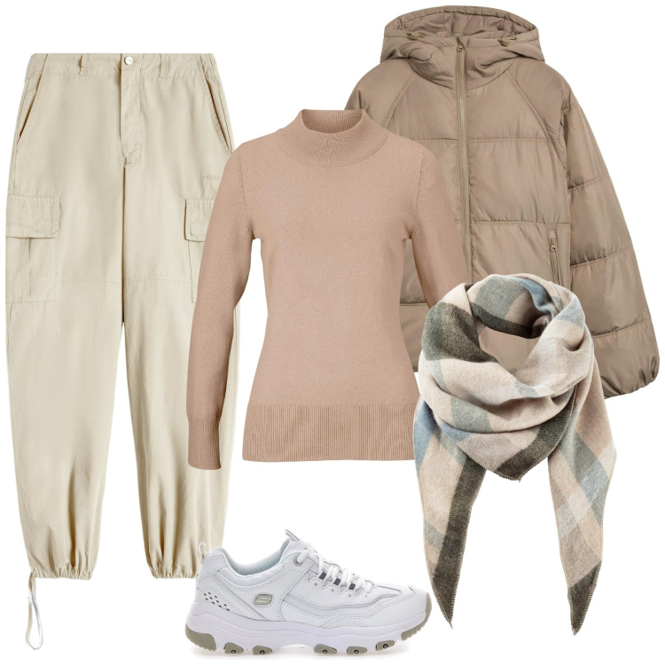 Outfit donna - Colori chiari in inverno. Stile Casual per Tutti i giorni. Abbinamento con giacche, maglieria, sciarpe, pantaloni cargo, sneakers.