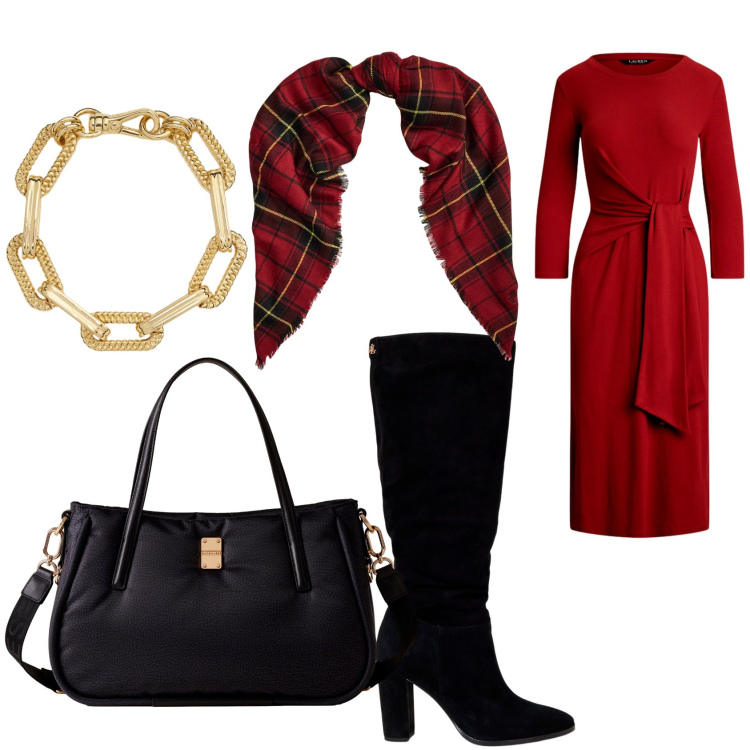 Outfit donna - Primo weekend di festa. Stile Glamour per Serata fuori. Abbinamento con shopping bag, vestiti, stivali, sciarpe, braccialetti.