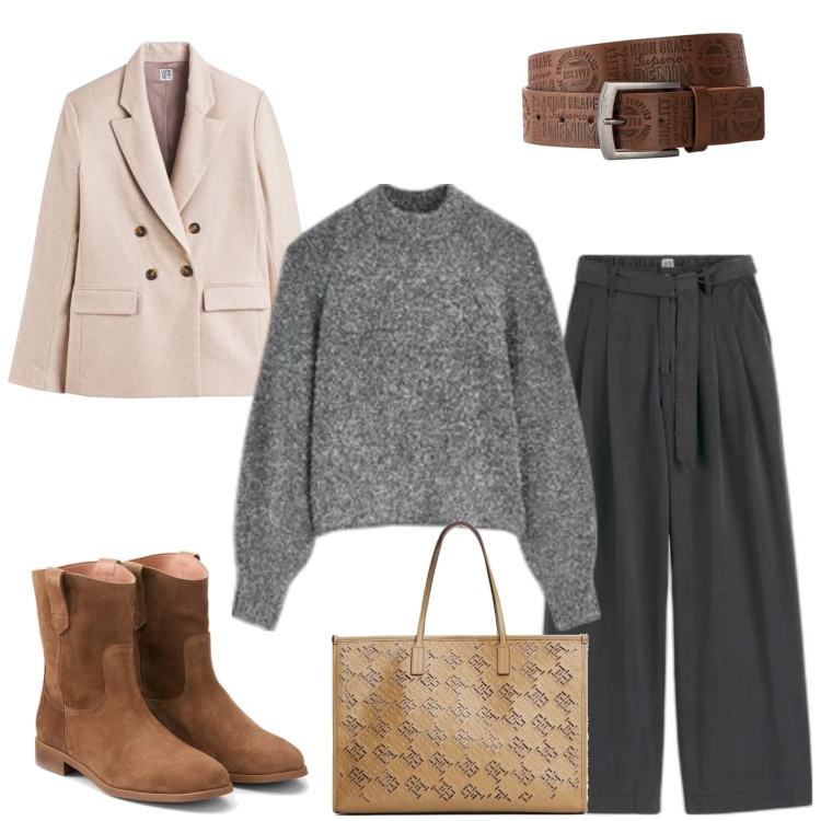 Outfit mujer - Y mañana lunes. Estilo Casual para Todos los días. Combinación con cinturones, botas, bolso tote, prendas de punto, blazers, pantalones.