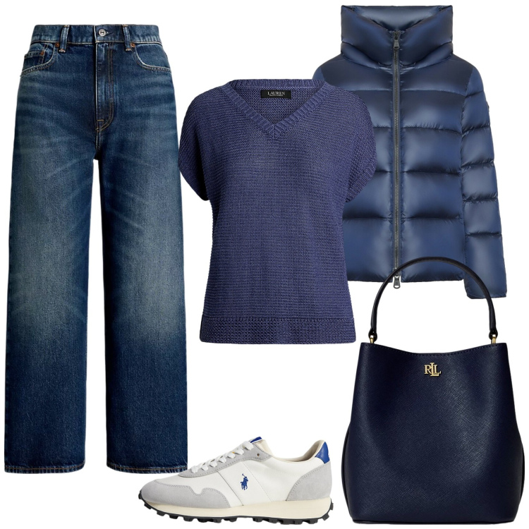Outfit donna - Total Blue. Stile Casual per Tutti i giorni. Abbinamento con jeans, maglieria, borse a secchiello, sneakers, piumini.