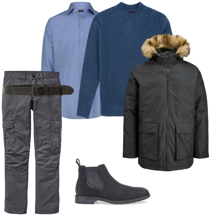 Outfit uomo - Una serata a teatro. per Serata speciale. Abbinamento con pantaloni cargo, parka, cinture, stivali e stivaletti, camicie, maglieria.