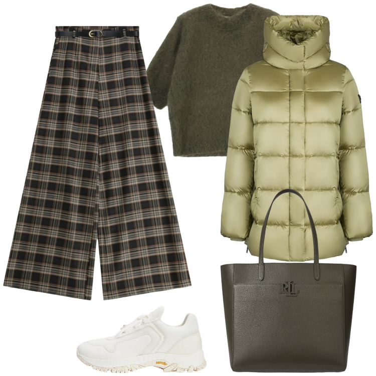 Outfit donna - Total Green. Stile Casual per Tutti i giorni. Abbinamento con pantaloni a palazzo, maglieria, sneakers, borse tote, piumini.