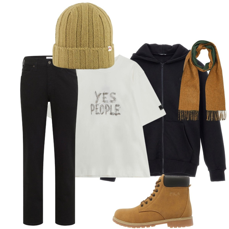 Outfit uomo - Semplice casual. Stile Casual per Tutti i giorni. Abbinamento con jeans dritti, t-shirt, cappelli, sciarpe, anfibi, felpe con cappuccio.