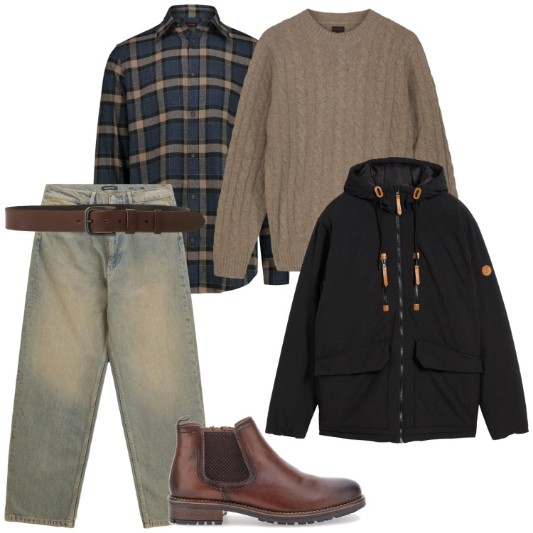 Outfit uomo - In ufficio. per Ufficio. Abbinamento con piumini, jeans, cinture, scarpe stringate, camicie, maglieria.