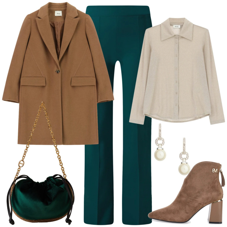 Outfit donna - Velvet green. Stile Chic per Cerimonia. Abbinamento con pantaloni a palazzo, borse a spalla, cappotti, camicie, orecchini, stivaletti.