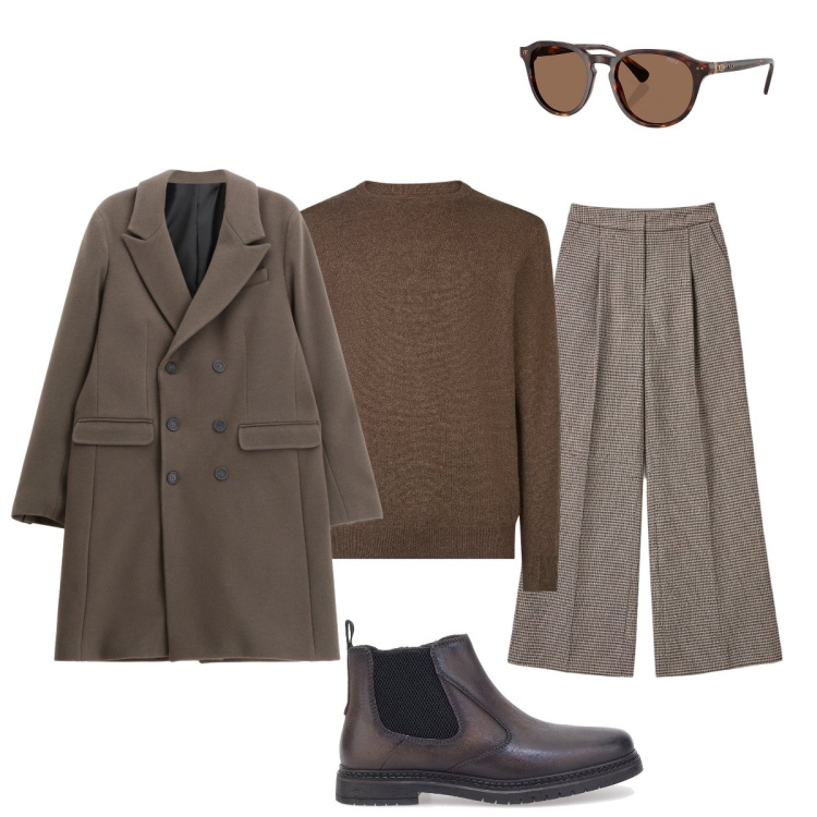 Outfit uomo - Sfumature marroni. Stile Trendy per Tutti i giorni. Abbinamento con pantaloni a palazzo, cappotti, occhiali da sole, stivali e stivaletti, maglieria.