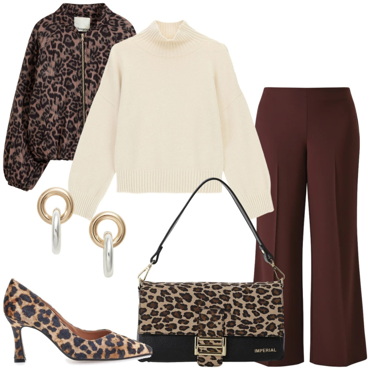 Outfit donna - Maglione dolcevita e leopardato. Stile Trendy per Tutti i giorni. Abbinamento con bomber, pantaloni a palazzo, borse a spalla, maglieria, orecchini, décolleté.