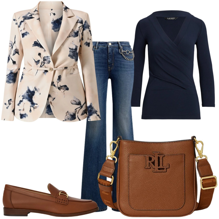 Outfit donna - Al lavoro. Stile Trendy per Ufficio. Abbinamento con blazer, top, borse a tracolla, jeans dritti, mocassini.