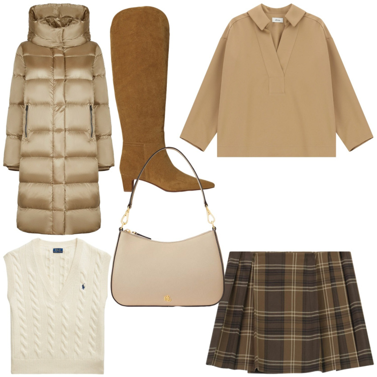 Outfit donna - Winter style guide. Stile Trendy per Tutti i giorni. Abbinamento con minigonne, camicie, maglieria, borse a spalla, stivali, cappotti.