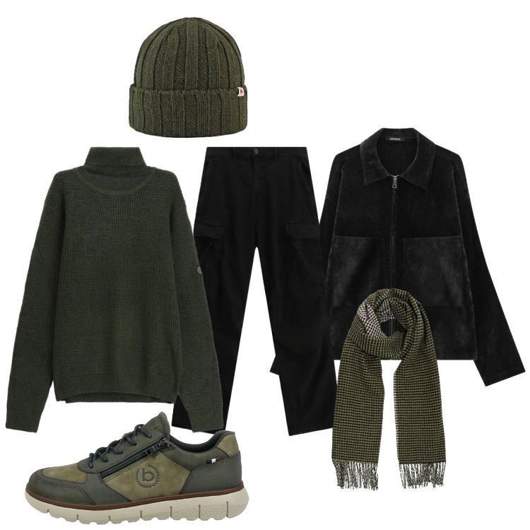 Outfit uomo - Verde muschio e nero. Stile Casual per Tutti i giorni. Abbinamento con pantaloni cargo, maglieria, cappotti, cappelli, sneakers, sciarpe.