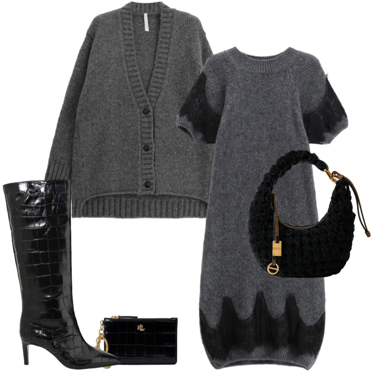 Outfit donna - Abito in maglia. Stile Casual chic per Serata fuori. Abbinamento con cardigans, borse a mano, vestiti corti, stivali, portafogli.