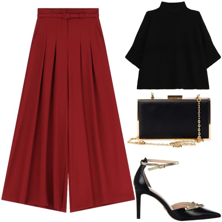 Outfit donna - I Pantaloni Palazzo di Imperial. Stile Chic per Serata fuori. Abbinamento con décolleté, pochette, maglieria, pantaloni a palazzo.