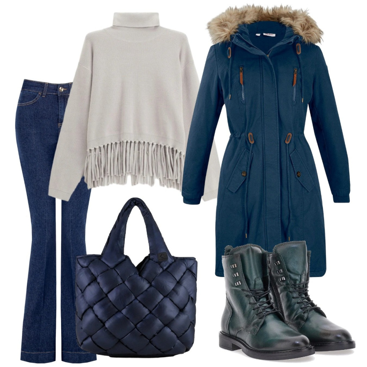 Outfit donna - A spasso per la città. Stile Casual per Tutti i giorni. Abbinamento con parka, maglieria, jeans a zampa, borse tote, anfibi.