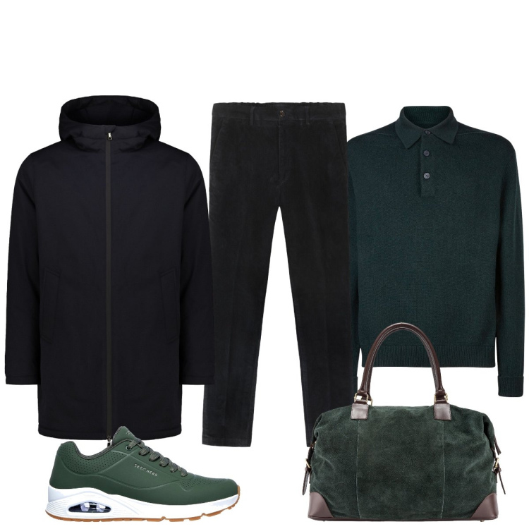 Outfit uomo - Week-end fuori porta. Stile Trendy per Tutti i giorni. Abbinamento con sneakers, borse sportive, parka, polo, pantaloni.