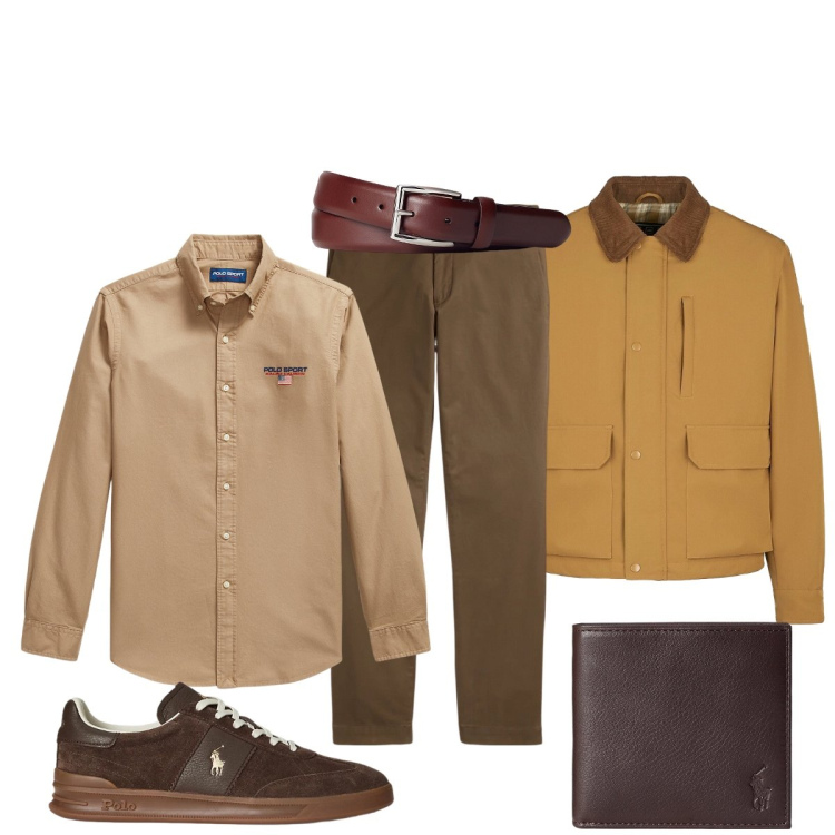 Outfit uomo - Total look #2300669. Stile Trendy per Ufficio. Abbinamento con cinture, portafogli, pantaloni, sneakers, camicie, piumini.