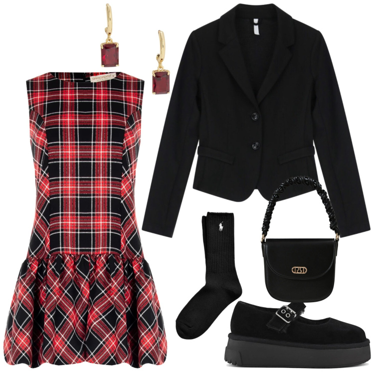 Outfit donna - Total look #2300672. Stile Bon Ton per Serata fuori. Abbinamento con vestiti senza maniche, borse a mano, blazer, orecchini, calzini, décolleté.