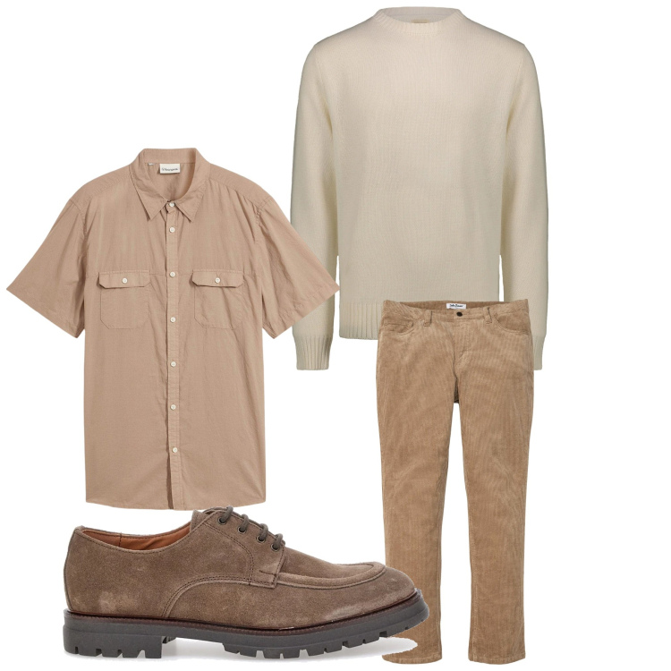 Outfit uomo - Oggi. Stile Casual per Tutti i giorni. Abbinamento con pantaloni, camicie a manica corta, scarpe stringate, maglieria.