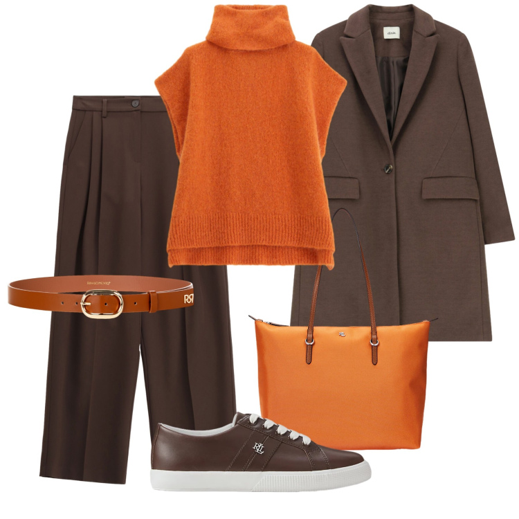 Outfit donna - Arancio e cioccolato. Stile Casual chic per Tutti i giorni. Abbinamento con cinture, pantaloni a palazzo, maglieria, cappotti, borse tote, sneakers.