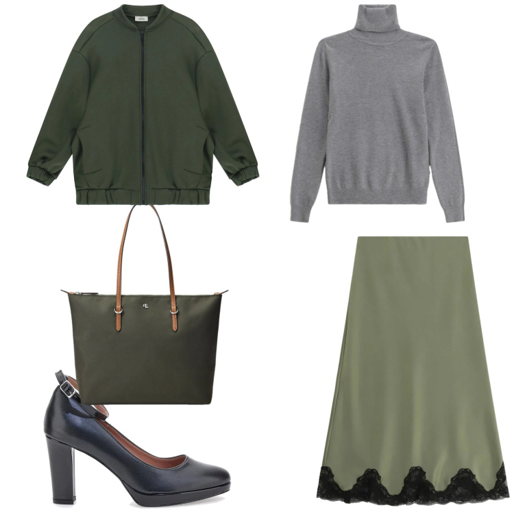 Outfit donna - Grigio e verde. Stile Bon Ton per Tutti i giorni. Abbinamento con maglieria, gonne lunghe, bomber, borse tote, décolleté.