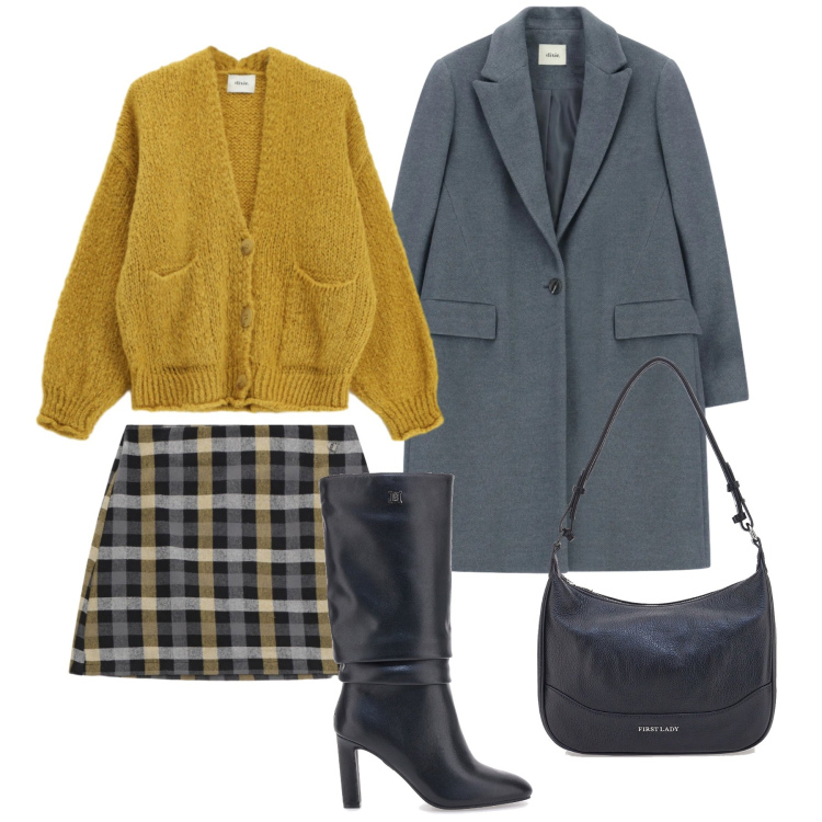 Outfit donna - Basica check. Stile Basic per Tutti i giorni. Abbinamento con cardigans, minigonne, cappotti, stivali, borse a tracolla.