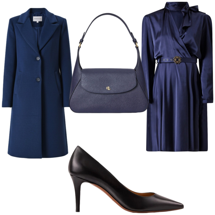Outfit donna - Blu per le feste. Stile Romantica per Serata fuori. Abbinamento con cappotti, vestiti corti, borse a spalla, décolleté.