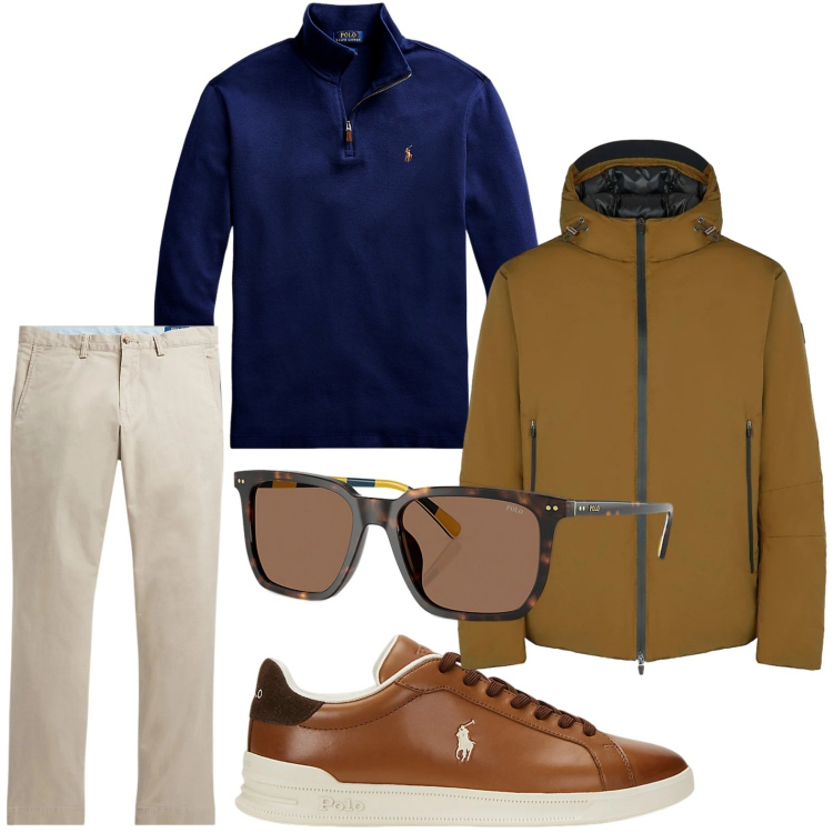 Outfit uomo - Vita all\'aria aperta. Stile Casual per Tutti i giorni. Abbinamento con pantaloni, pullovers, occhiali da sole, sneakers, giacche.