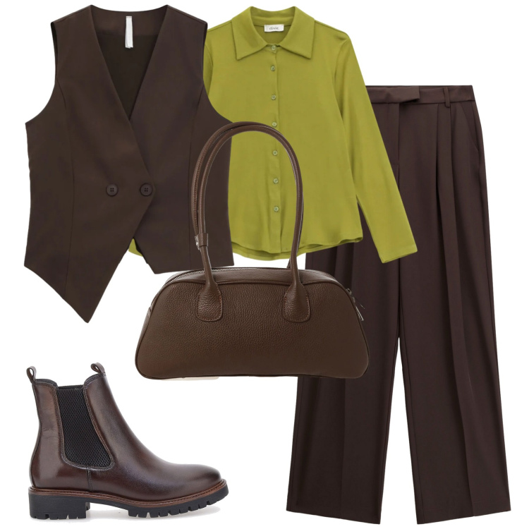 Outfit donna - Total look #2300686. Stile Trendy per Tutti i giorni. Abbinamento con pantaloni, gilet, borse a mano, camicie, stivaletti chelsea.