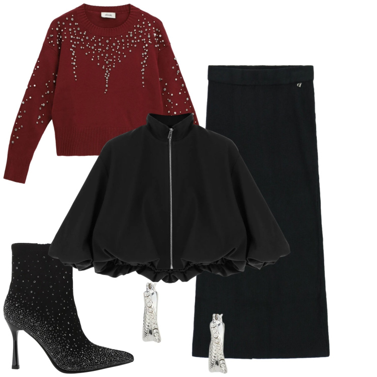 Outfit donna - Bagliori festosi. Stile Chic per Cerimonia. Abbinamento con bomber, stivaletti, maglieria, gonne lunghe, orecchini.